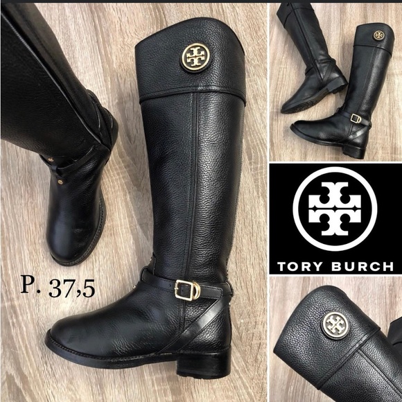 Tory Burch Teresa Logo Black Tumbled/Pebbled Leather Riding Boots - Picture 6 of 15